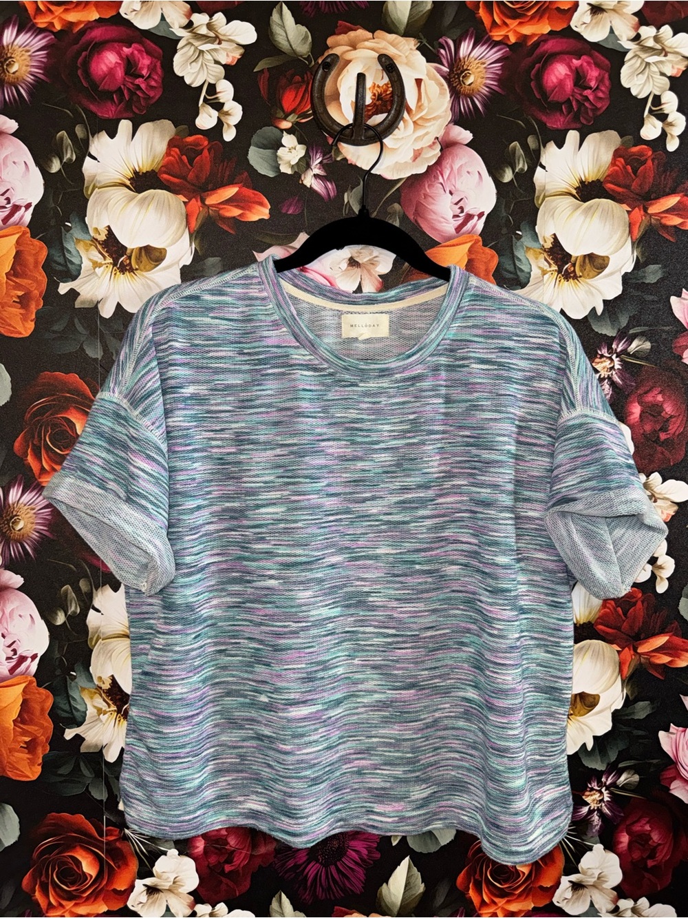 MELLODAY Teal and Purple Heathered Short-Sleeve Knit Tee with Side Slits, Small